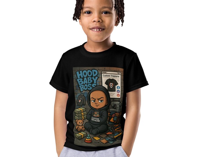 Hood Baby Boss Kids Crew Neck T-Shirt – Urban Cartoon Style | Streetwear Toddler Tee | Custom Treasure Graphic Shirt