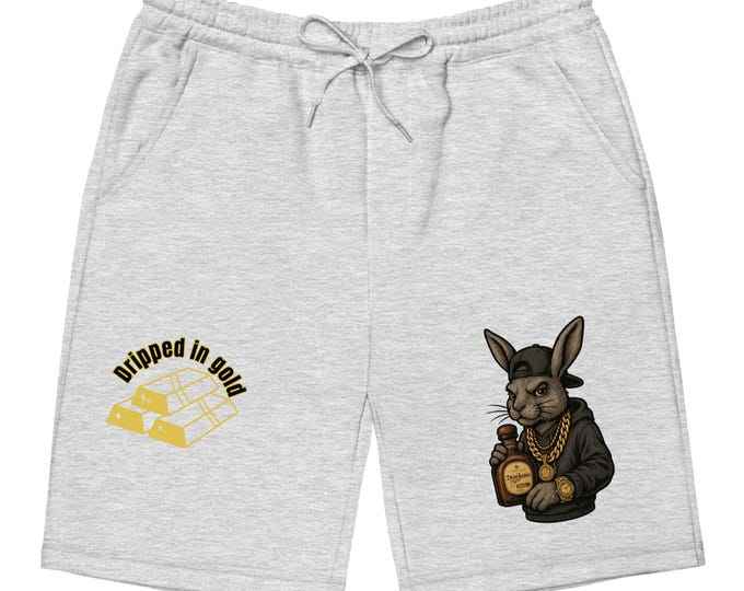 Men’s Streetwear Fleece Shorts – Urban Rabbit Graphic, Hip Hop Bunny Design, Gold Chain Art, Trendy Summer Loungewear"