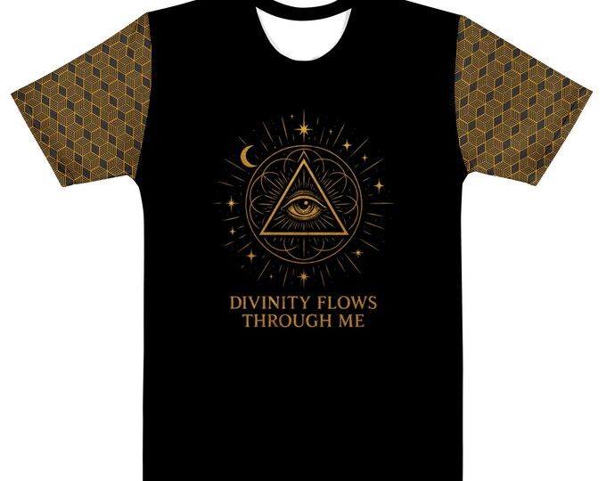 Divinity Flows Through Me Black and Gold Spiritual T-Shirt – Sacred Geometry & Third Eye Design"