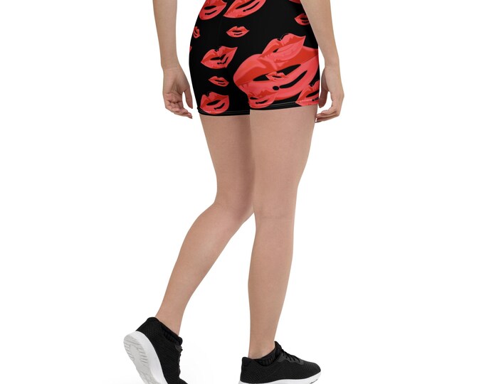 Lips Print Stretch Shorts – High-Waisted Biker Shorts, Soft Microfiber Yoga Shorts, Cute Graphic Workout Bottoms, 4-Way Stretch
