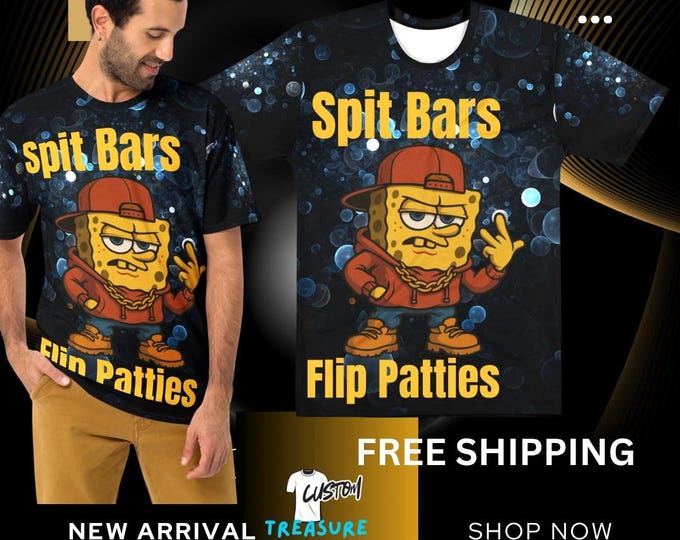 Spit Bars Flip Patties T-Shirt – Funny Hip Hop Streetwear Tee for Men – Rap Style Graphic Crew Neck Shirt – Urban Cartoon Apparel"