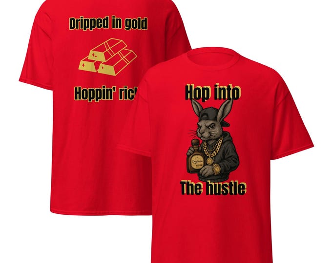 Unisex Classic Streetwear T-Shirt – Urban Rabbit Graphic, Hip Hop Bunny Design with Gold Chains, Trendy Graphic Tee"