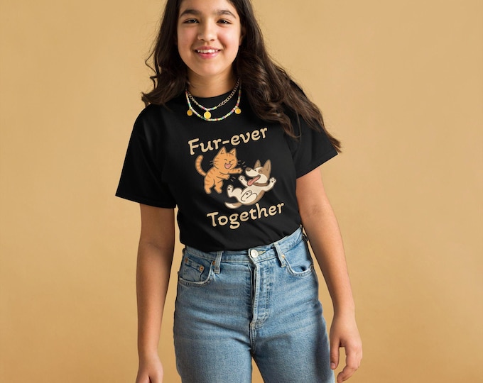 Fur-Ever Together Youth Classic Tee – Cute Cat and Dog Best Friends Shirt for Kids – Animal Lover Gift – Playful Pet T-Shirt"
