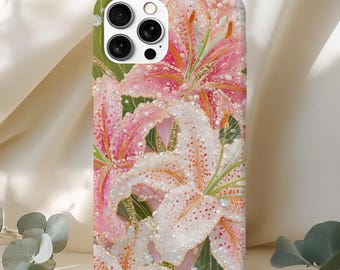 Elegant Pearl Tiger Lily Phone Case | Beaded Floral Gift: iPhone, Samsung & Pixel (Magsafe Available)