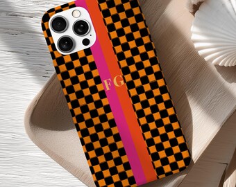 Personalized Checkerboard Monogram Phone Case: iPhone, Samsung & Pixel | Orange Black Initials