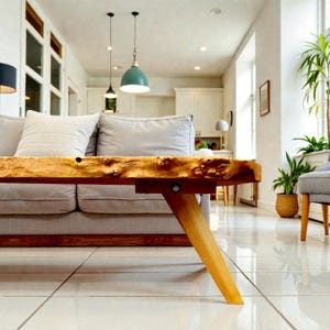 May include: A handcrafted wooden coffee table with a natural edge. The table features a light brown, live-edge top supported by a dark brown frame and a single, angled wooden leg. The table is placed in front of a gray sofa.