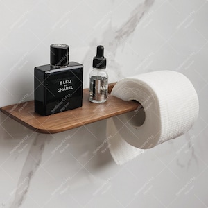 Porta carta igienica in legno massello di noce con ripiano, organizer da bagno a parete, moderno porta fazzoletti rustico, distributore di rotoli in metallo nero