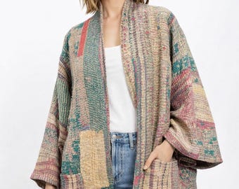 Handmade Cotton Vintage Reversible Kimono Kantha Jacket - one-of-a-kind