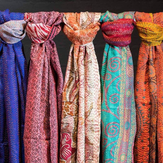Wholesale Lot Handmade Vintage Silk Kantha Scarves Indian Boho Reversible Hand Stitched Sari Silk Kantha Scarfs Gift for Her