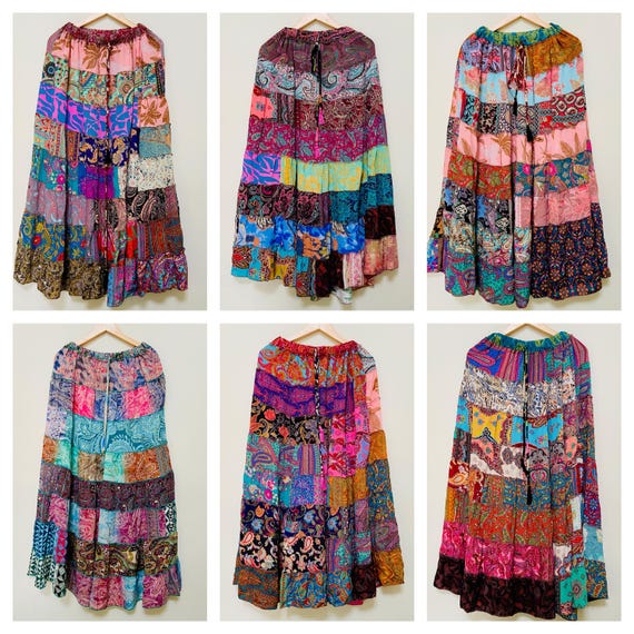 Wholesale Lot tiered Patchwork skirts colorful fairy core exotic long skirts floaty stripped maxi skirts Ibiza party up-cycled gypsy skirt