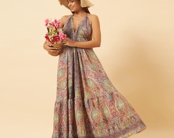 Boho Maxi Dress, Bohemian Halter Open Back Dress