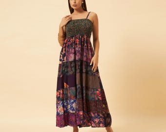 Boho Purple Patchwork Maxi Dress for Women, Smocked Sundress, Colorful Floral Summer Dress, Adjustable Strap Bohemian Dress