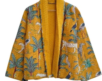 Handmade Mustard Yellow Safari Cotton Kantha Jacket