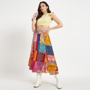 Preloved Patchwork Sari Silk Wrap Skirt Boho Indian Vintage Reversible Layered Maxi Wrap Skirt