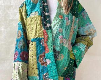 Handmade Vintage Patchwork Embroidered Khambadiya Kantha Jacket