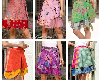 Lote al por mayor de faldas cortas de seda estilo bohemio vintage, en capas, hechas a mano en la India, minifaldas tipo sari hasta la rodilla de 56 cm.