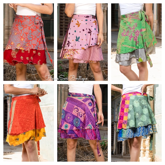 Wholesale Lot Short Silk Wrap Skirts Bohemian Vintage Layered Indian Handmade Silk Skirts Mini Indian Sari Skirts Knee Length 22"