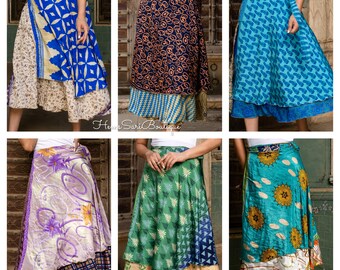 Venta al por mayor de faldas largas de seda estilo indio, hechas a mano, estilo bohemio, reversibles, tipo sari.