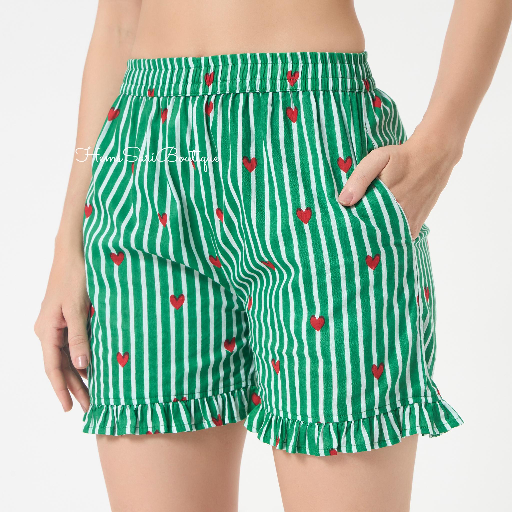 Women's Green Striped Heart Print Lounge Shorts Ruffle Hem Elastic Waist Cotton Sleep Shorts Cute Summer Pajama Bottoms