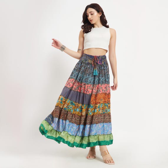 Handmade Patchwork Tiered Silk Sari Skirt Vintage Indian Boho Smocked Waist Colorful Comfy Skirt