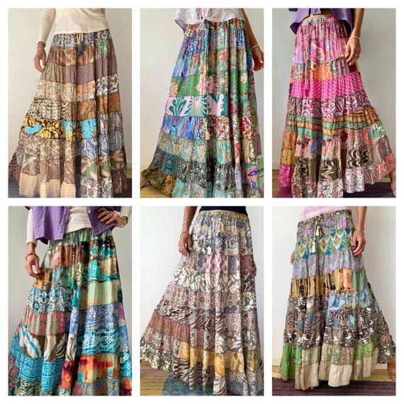 patchwork skirt colorful hippie funky comfy free size long original skirt daily wear one size silky floaty modest floor length apron skirt