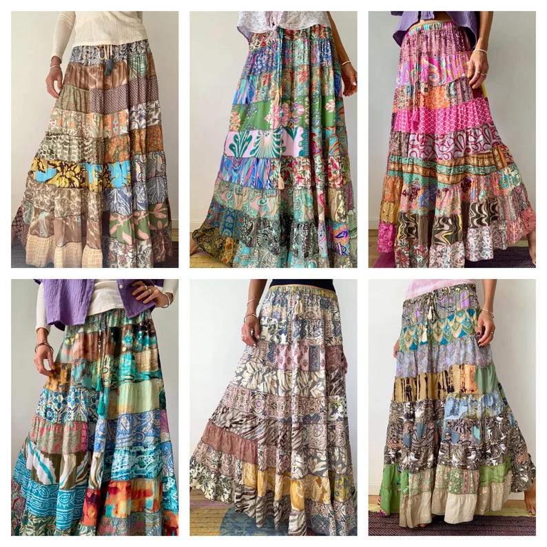Puede incluir: Colecci&oacute;n de seis faldas largas de patchwork en varios colores y estampados. Cada falda presenta un dise&ntilde;o escalonado con una mezcla de telas, incluyendo estampados florales y geom&eacute;tricos. Las faldas se muestran en modelos.