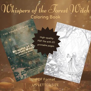 Witch Coloring Book - Printable Adult Witch Coloring Pages, Cottagecore Witchy Digital Download, Herbal Magic & Forest Fantasy Art