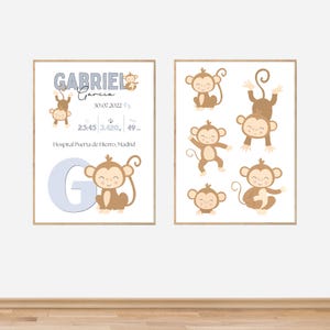 Custom Monkey Nursery Prints for baby boy, Monkey nursery print, personalised birth details prints, wall art, digital