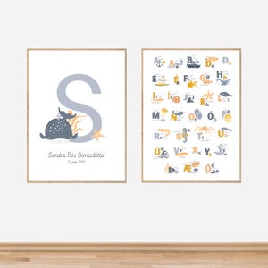 Custom Ocean Nursery Prints for baby, Ocean Animals nursery print, personalised ocean animal letter nursery prints, wall art, digital