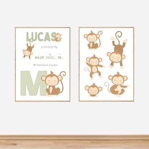 Custom Monkey Nursery Prints for baby boy, Monkey nursery print, personalised birth details prints, wall art, digital