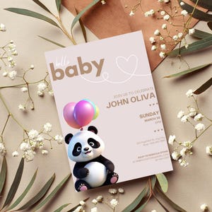 Convite para chá de bebê panda | Tema de balão neutro em termos de gênero | Modelo editável | Download instantâneo | Tema de balão neutro em termos de gênero