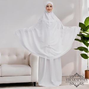 Enfärgad vit Mukena med matchande bomullsspets för vuxna, modern och elegant, böneklänning kvinnor, muslimsk böneklänning, muslimsk böneoutfit