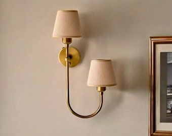 Aged Brass Wall Sconce - Vintage Wall Lamp, Linen Fabric Pair Wall Sconce -  Retro Ambient Lighting