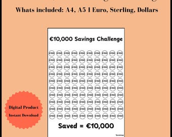 10k Savings Challenge Printable, Savings Tracker PDF in Sterling Dollar Euro, Budget Planner, Cash Stuffing, Binder Insert, A4 A5 A6 Digital