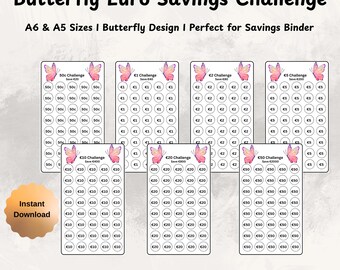 Butterfly Euro Savings Challenge, 7 A6 A5 Budget Trackers, Printable Cash Stuffing, Low Income & Coin Savings Goals