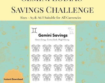 Gemini Zodiac Savings Challenge: Printable Budget Tracker (A5 & A6 Digital Download)