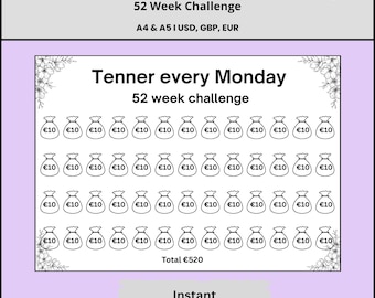 Tenner Every Monday Savings Challenge, 52 Week Money Tracker, Weekly Saving Printable, Budget Planner, Cash Stuffing, Pounds, Euros, Dollars