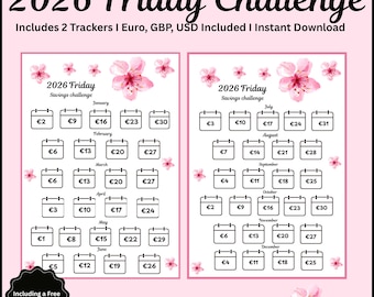 2026 Friday Savings Challenge, Save Every Friday, Euros, Dollars & Pounds, Floral Printable, Budget Tracker, A5 A6 Inserts
