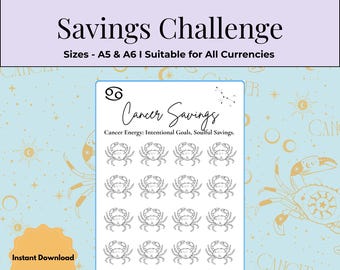 Cancer Zodiac Savings Challenge: Printable Finance Tracker (A5/A6 PDF)