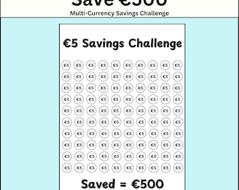 Reto de ahorro de 5 euros imprimible, Reto de ahorro de 500, Rastreador de ahorros en varias divisas, Ahorro de efectivo, Presupuesto en PDF