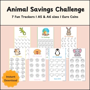Children Animal Savings Challenge Trackers, A6 Money Bundle (PDF Download)