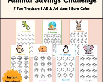 Animal Theme Kids Savings Challenge: Euro Coin Tracker (PDF Printable A5/A6 Sizes)