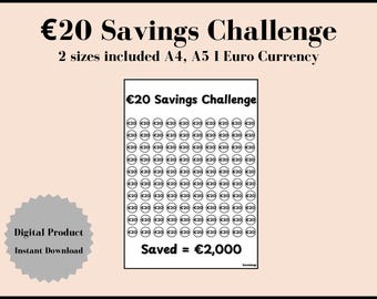20 Euro Savings Challenge Printable, 2000 Euro Savings Tracker PDF, Budget Planner Cash Stuffing Binder Insert, A4 A5 Digital Download