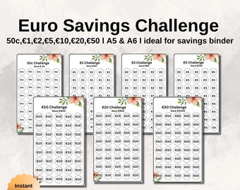 Flower Savings Tracker Bundle,  Euro Budget Printable, A6 A5 Cash Stuffing PDF, Minimalist Savings Challenge Set