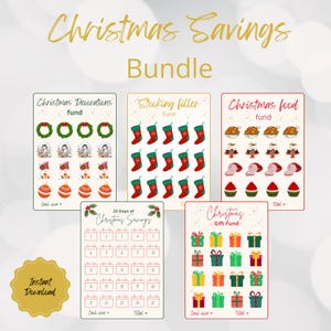 May include: A festive Christmas Savings Bundle graphic with various themed cards. The bundle includes cards for decorations, stocking fillers, food, gifts, and a 25-day savings calendar. The words "Christmas Savings Bundle" are at the top.