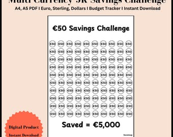 Multi-Currency 5k Savings challenge, A4 & A5 PDF, Save Euro/Dollars/Pounds 5,000 Budget Tracker, Instant Download
