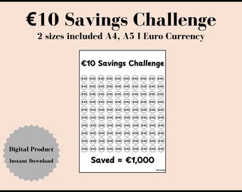 10 Euro Savings Challenge, 1,000 Money Savings Goal Tracker, Cash Stuffing Budget Binder Printable PDF, A4, A5, A6, Digital Download