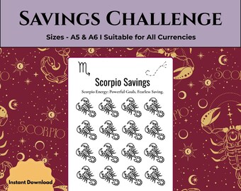 Scorpio Zodiac Savings Challenge: Printable Budget Tracker (A5/A6 PDF)