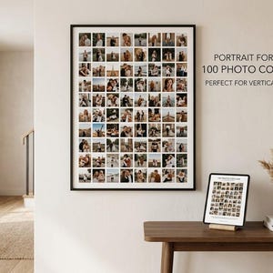Puede incluir: Una gran pieza de arte mural rectangular que presenta una cuadrícula de 100 fotografías individuales dispuestas en orientación vertical. La impresión está enmarcada en negro y muestra varias imágenes. El texto en la pared dice PORTRAIT FORMAT 100 PHOTO COLLAGE.