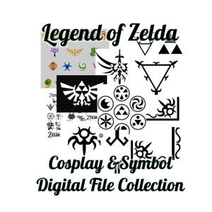 Puede incluir: Colección de archivos digitales con símbolos y logotipos de la serie Legend of Zelda. La imagen incluye el texto "Legend of Zelda" y "Cosplay & Symbol Digital File Collection" sobre un fondo blanco.